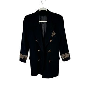 Moza New York Black Gold 100% Wool Blazer Regency Acedamia Preppy Womens 7/8